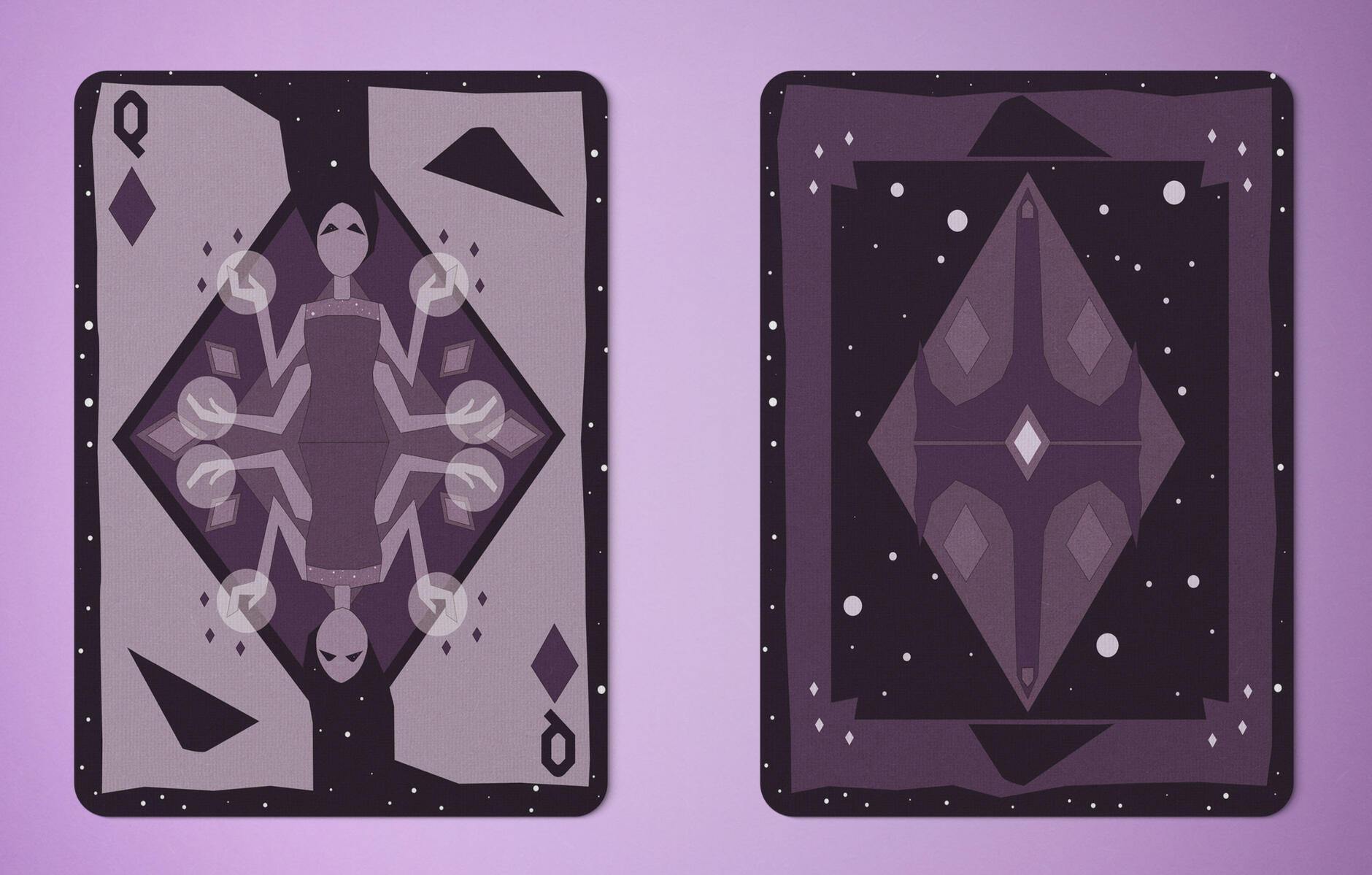 Playing Card Two sides of a queen of diamonds playing card with a purple color scheme. The queen figure is a woman with four arms. Her hair flows upward and creates a border around the card. Inside her hair there are stars. The back of the card depicts her castle.