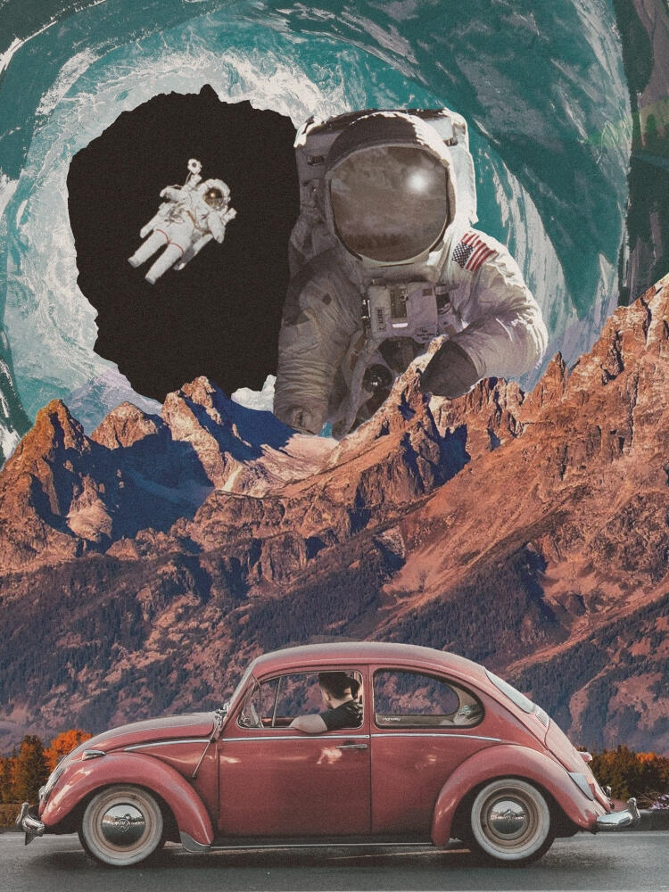 Infinite Mountains Collage of photos. At the bottom of the composition, a man in a car looks at the mountain range to the side of him. A huge astronaut stands behind it, with another mountain range distorted into the shape of a circle behind him. Another smaller astronaut fl
