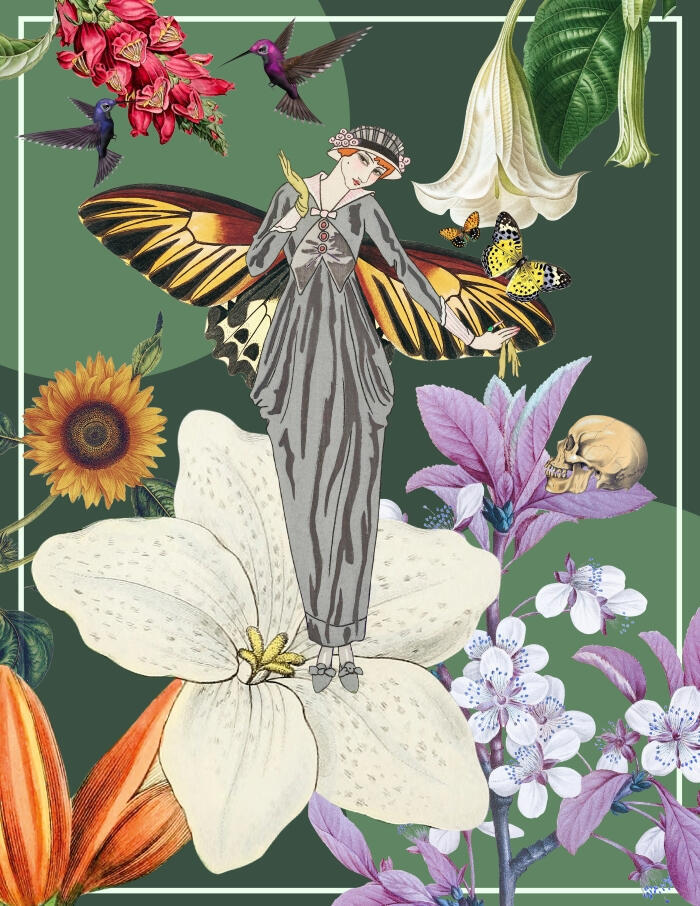 Butterfly Fairy Collage of botanical and fashion illustrations. A woman with butterfly wings stands on a lily flower. She is surrounded by other flowers in the background.