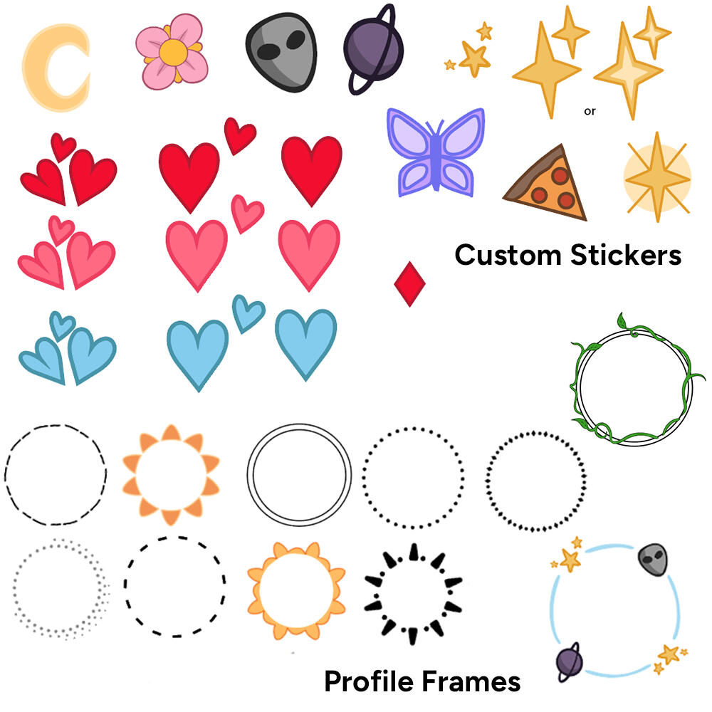 A collection of custom stickers and profile frames created for an app. Cartoon styled. Hearts, an alien, crescent moon, pizza, etc. The profile frames are vines, a sun, alternating patterns of dots, etc.