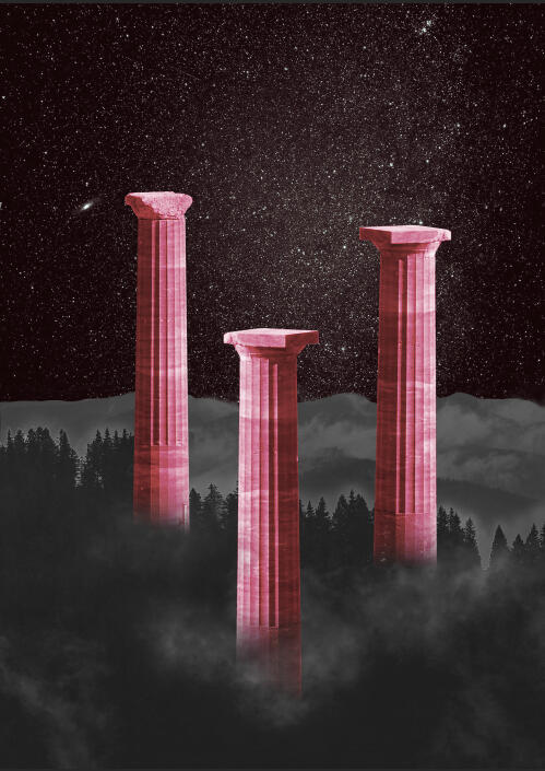 Collaged artwork. Three red marble pillars towering over a foggy forest with mountains in the background. The background is desaturated except for the sky. The sky is full of stars and is a dark red color.